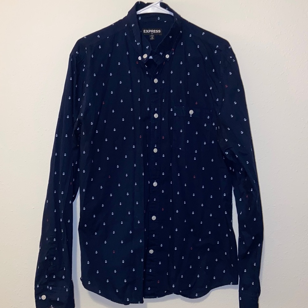 Men’s Dress Navy + White Patterned Button Down